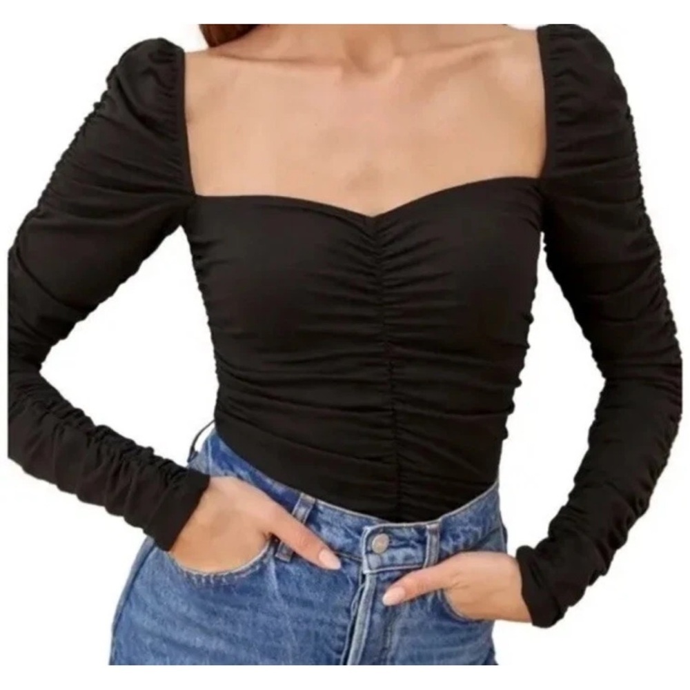 Reformation‎ Black Ruched Long Sleeve Top Size Small